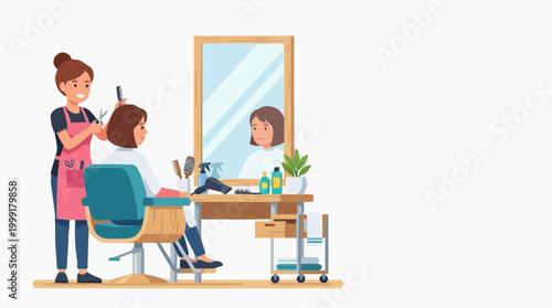 A detailed illustration of a cozy beauty salon showcases a hairstylist attending to a client, offering a glimpse into the world of personal care, health, and style.