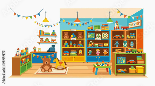 A colorful and inviting illustration of a well-stocked toy shop, filled with a delightful array of toys. This image could be used to evoke feelings of childhood joy, anticipation.