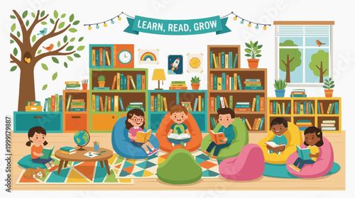 Kids enjoying storybooks in a vibrant library, designed for learning, reading, and personal growth. Bright and inviting scene encourages a love of knowledge. 