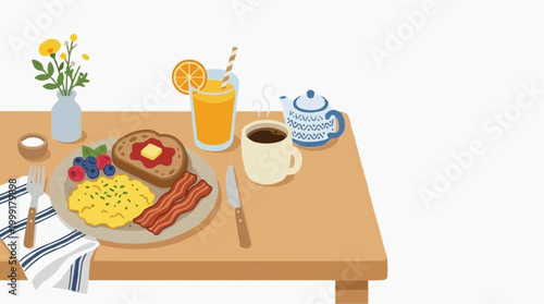 A delightful breakfast feast, a colorful, appetizing spread on a wooden table, featuring an orange juice, a cup of coffee, and various culinary delights.