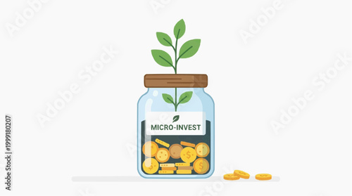 A conceptual illustration of financial growth, showcasing a glass jar filled with gold coins, with a vibrant plant sprouting from its top.