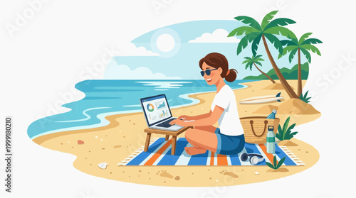 A woman diligently works on her laptop at a serene beach location, bathed in natural light, palm trees add a tropical vibe, as she works remotely.