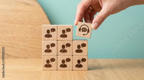 Hand places a headset icon cube on a grid symbolizing customer communication