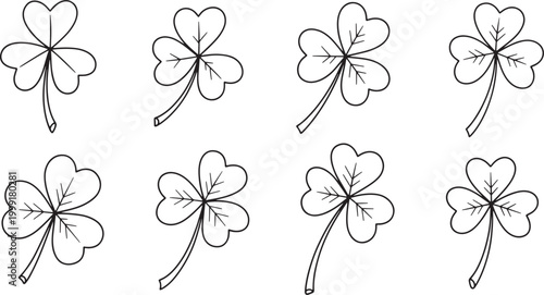 Collection of hand-drawn shamrock illustrations, featuring diverse three-leaf clover designs. Ideal for luck symbols, nature themes, and St. Patrick's Day graphic elements
