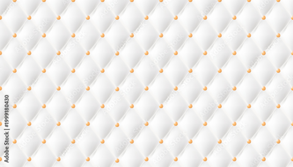 Fototapeta premium Luxurious White Quilted Seamless Pattern with Golden Buttons. Elegant Upholstery Texture Background