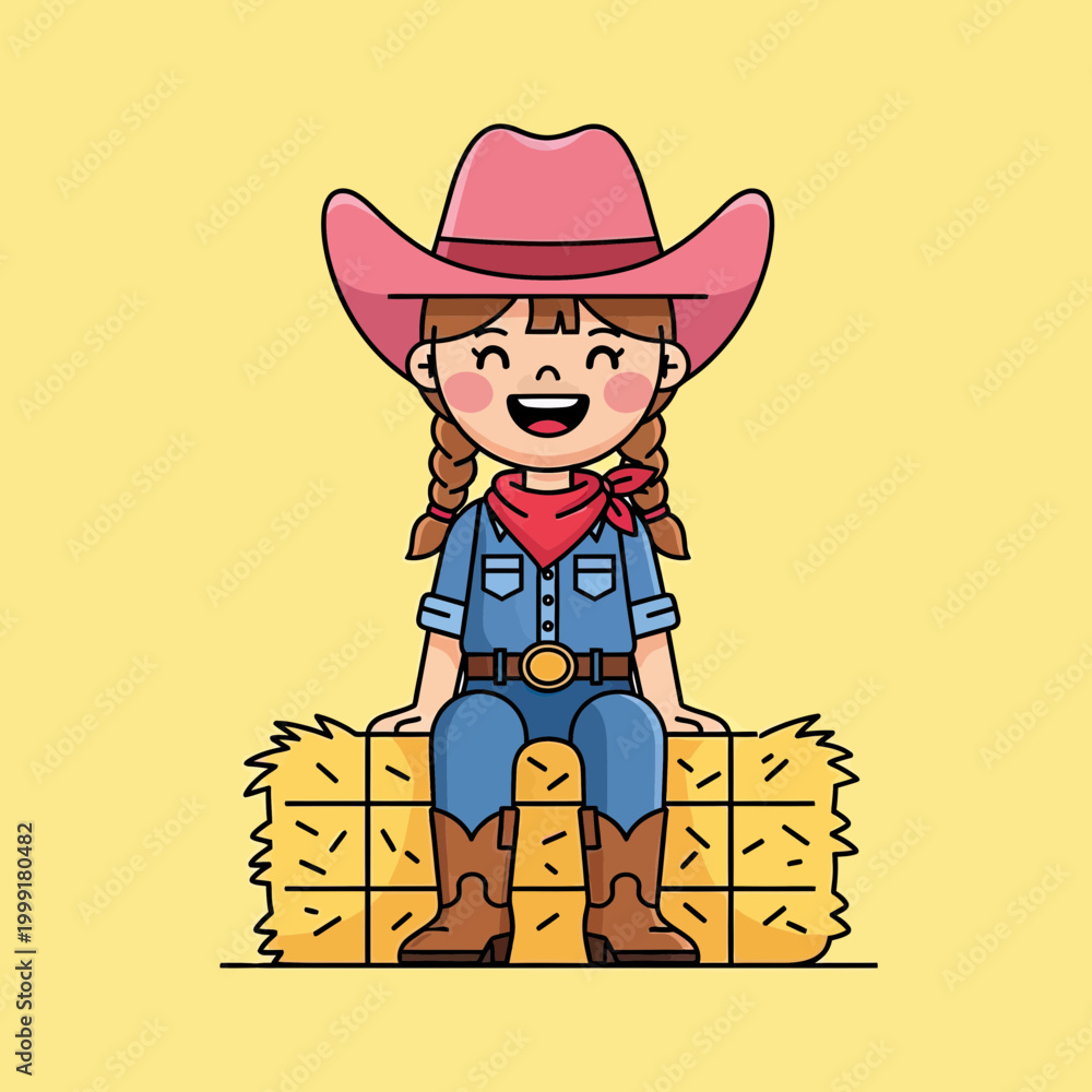 Obraz premium Cute Little Cowgirl Character Sitting on Hay Bale Vector Illustration