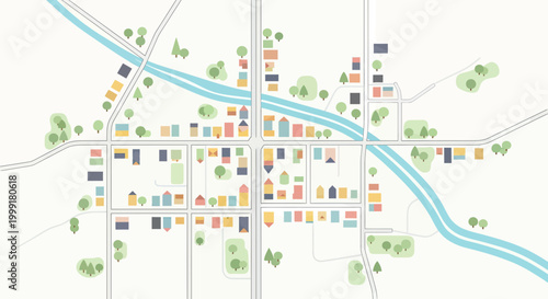 Top view of a minimalist suburban neighborhood map illustration featuring colorful houses, a winding river, and green parks in a flat vector style.