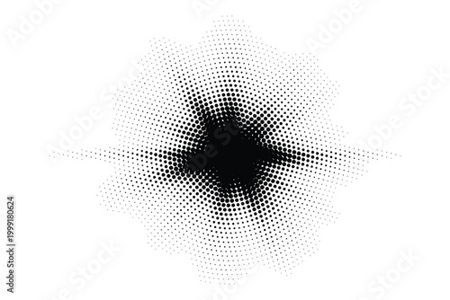 Radial halftone pattern with expanding black dots forming an abstract, symmetric burst.