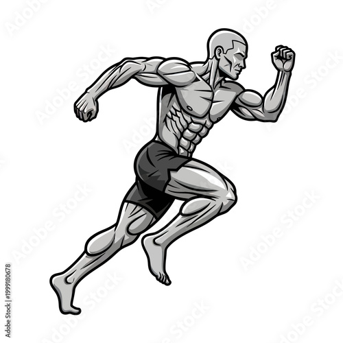 Athletic Muscular Man Running Vector Illustration, Powerful Sprinter Training in Grayscale