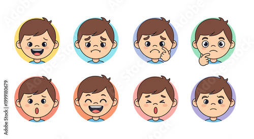 Set of Cute Little Boy Cartoon Avatars with Various Facial Expressions and Human Emotions
