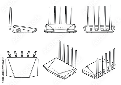 Set of six distinct views illustrating a contemporary internet router device.
