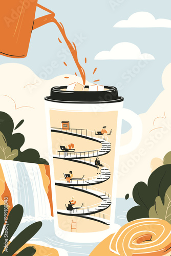 Giant Coffee Cup Office with Staircase and Floating Workspace