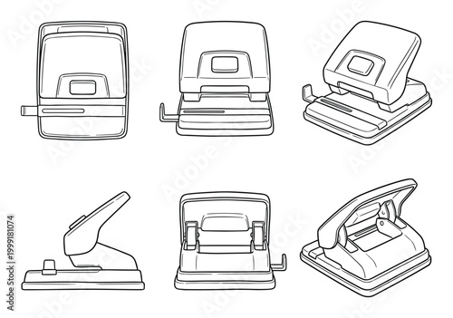 Six black outline vector illustrations of paper hole punches in various views and designs.