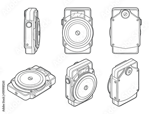 Technical drawing of a light exposure meter presented in six detailed isometric and orthogonal views.