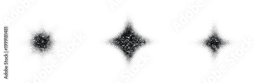 Three abstract black halftone dot patterns forming unique star and diamond shapes