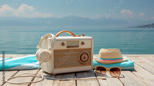 Vintage radio headphones hat and sunglasses on wooden pier by the sea with mountains in background summer vacation concept with copy space.