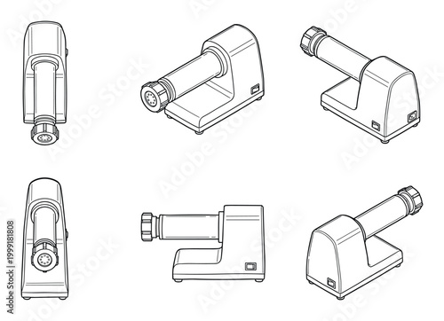 Vector black line art illustrations of a kitchen food grinder from multiple views.