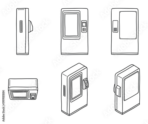 Vector black line art of vending machine views including front, side, top, and isometric.