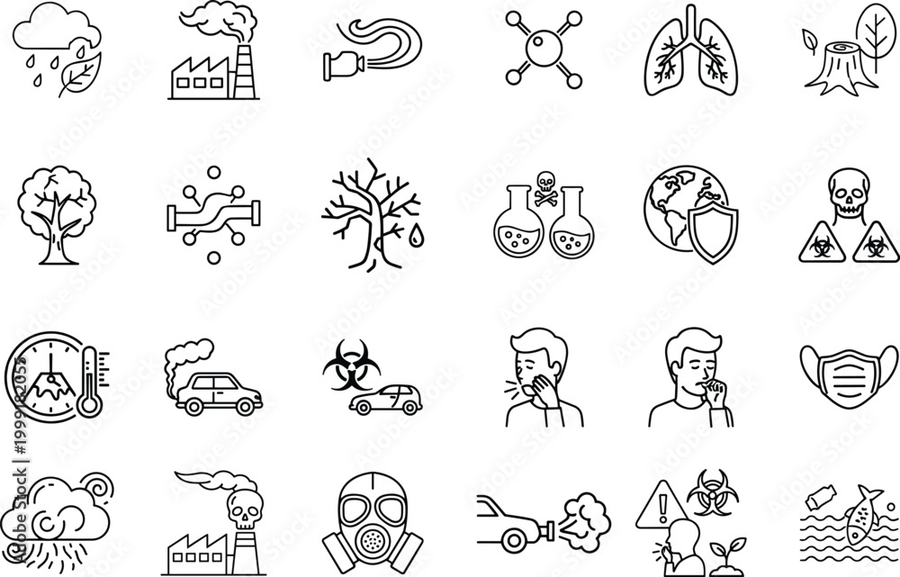 Fototapeta premium Air Pollution and Environmental Issues Icon Set Featuring Global Warming Factory Smoke Deforestation Human Health Impact and Toxic Waste Outline Vector Elements.