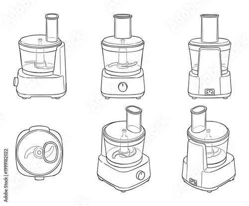 Vector line art illustrations of food processors shown from various angles for kitchen appliances.