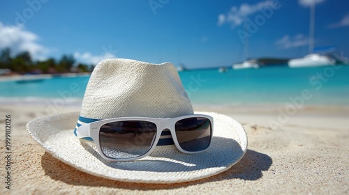 White hat and sunglasses on sandy tropical beach with turquoise sea and boats in the background, summer vacation concept with copy space for travel advertising.