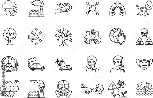Air Pollution and Environmental Issues Icon Set Featuring Global Warming Factory Smoke Deforestation Human Health Impact and Toxic Waste Outline Vector Elements.