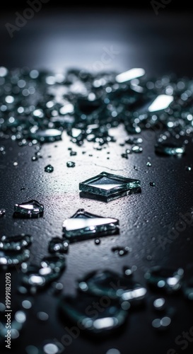 Shattered Glass Fragments on Dark Surface.