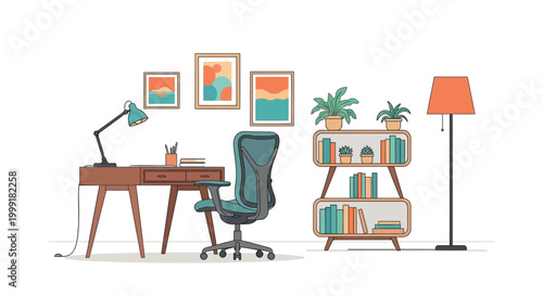 Modern Home Office Workspace Vector Illustration with Desk and Bookshelf Background Design