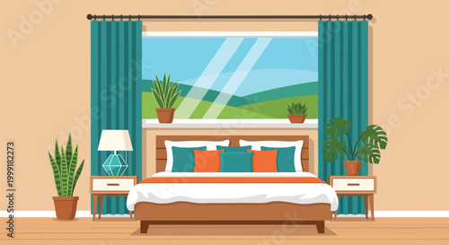 Modern Bedroom Interior Design Background with Large Window and Teal Curtains