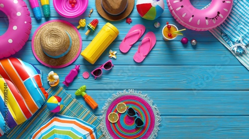Colorful summer beach flat lay with straw hats, flip flops, pool floats, toys and drinks on blue wooden background with copy space for holiday advertising.