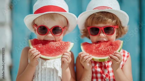 Two cute kids in summer hats and red sunglasses eating watermelon slices against blue background, fun childhood holiday concept.