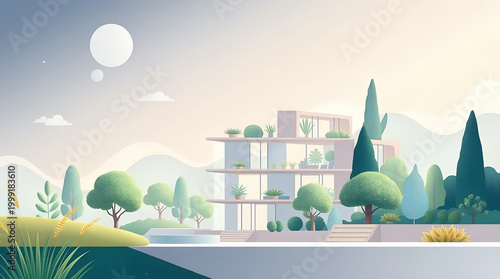 Modern Apartment Building with Green Landscape and Trees, Flat Illustration