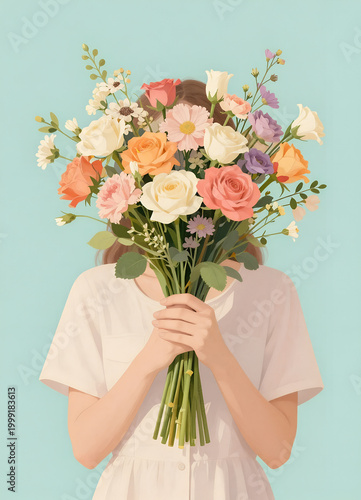 Young Woman Holding Vibrant Flower Bouquet Hiding Face Illustration