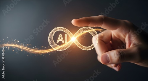 Artificial intelligence concept with glowing infinity symbol, human hand touching AI digital loop, futuristic technology and machine learning concept