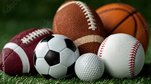 Close up of assorted sports balls on green grass including soccer football basketball baseball and golf ball for sports marketing and fitness promotions.