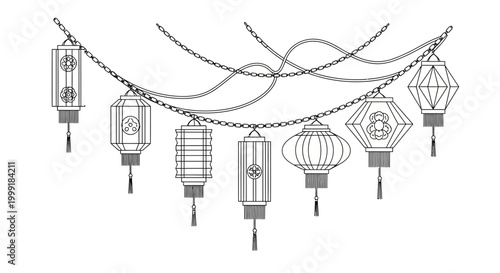 Collection of hanging paper lanterns decoration.
