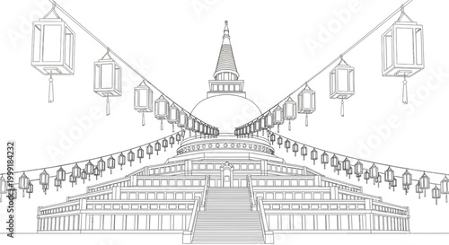 Buddhist temple with hanging lanterns outside.