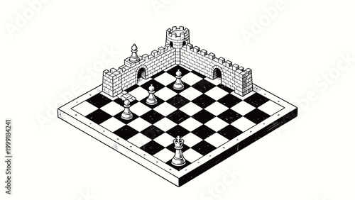 Isometric Ink Sketch of a Surreal Impossible Chessboard With a Fortified Castle Wall and Chess Pieces, an Optical Illusion Concept Art Piece