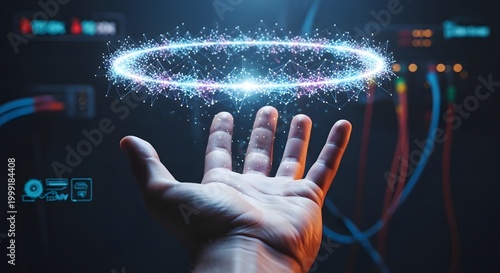 Futuristic digital hologram ring floating over human hand, glowing blue particle circle technology, high-tech data visualization in dark server room