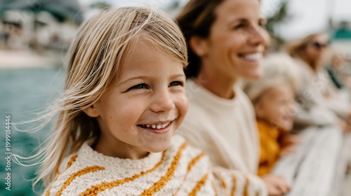 A delightful image of a smiling young girl sitting beside her mother, both enjoying a scenic view, illustrating the essence of family joy and togetherness.