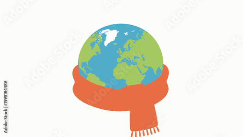 A Minimalist Flat Illustration of Planet Earth Wearing a Cozy Knit Scarf, Symbolizing Global Warming, Climate Change and Environmental Protection Against a Plain White Background