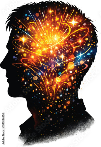 Conceptual illustration of a human silhouette with vibrant light sparks and cosmic energy inside the head, symbolizing creativity, innovation, and brain activity.