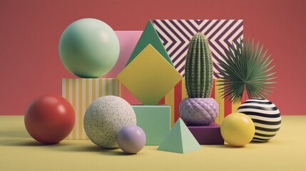 Colorful geometric shapes and cactus arrangement on pastel background, modern abstract still life for creative design, branding, and advertising projects.