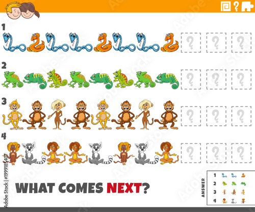 educational pattern activity puzzle with funny cartoon animals