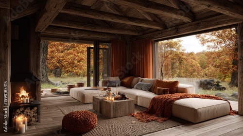 Warm interior living space features large windows showcasing an autumnal forest scene