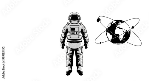 Astronaut standing next to planet Earth with orbital paths.