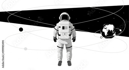 Astronaut standing in space with Earth and orbits.