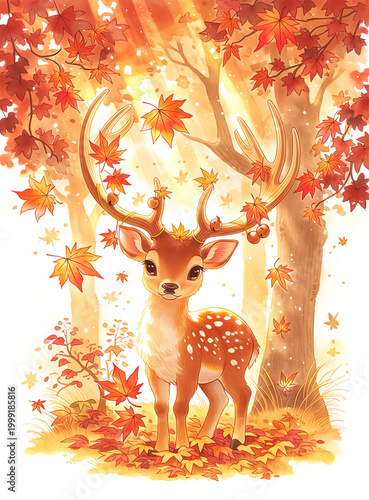 Cute Japanese Deer in Autumn Forest Illustration, Whimsical Picture Book Fawn with Maple Leaf Antlers in Golden Sunlight, Nara Woodland Concept