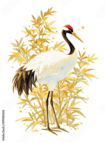 Elegant Japanese Red-Crowned Crane Illustration, Whimsical Picture Book Bird Standing in Golden Bamboo Forest, Traditional Japanese Wildlife Art Concept