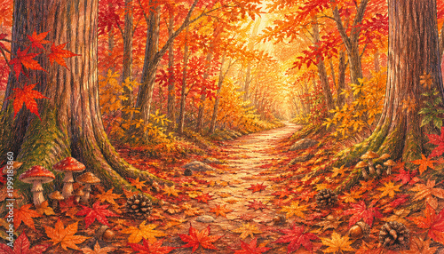 Japanese Autumn Forest Path Illustration, Colored Pencil Drawing of Red Maple Trees Mushrooms and Fallen Leaves on Woodland Trail, Fall Season Concept